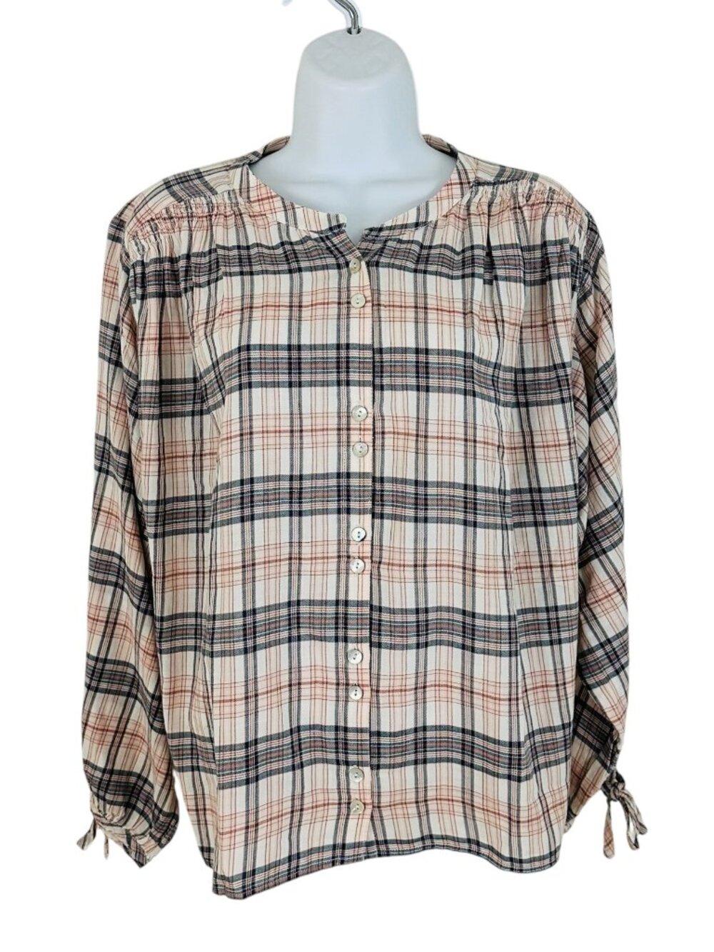 Faherty Women's Size L Ellicot Plaid Tie Long Sleeve Cream Multi Shirt